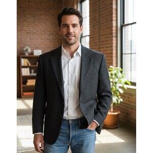 John Alexander Premium Men 42S Dark Plaid Wool Sport Coat Blazer Classic Fit